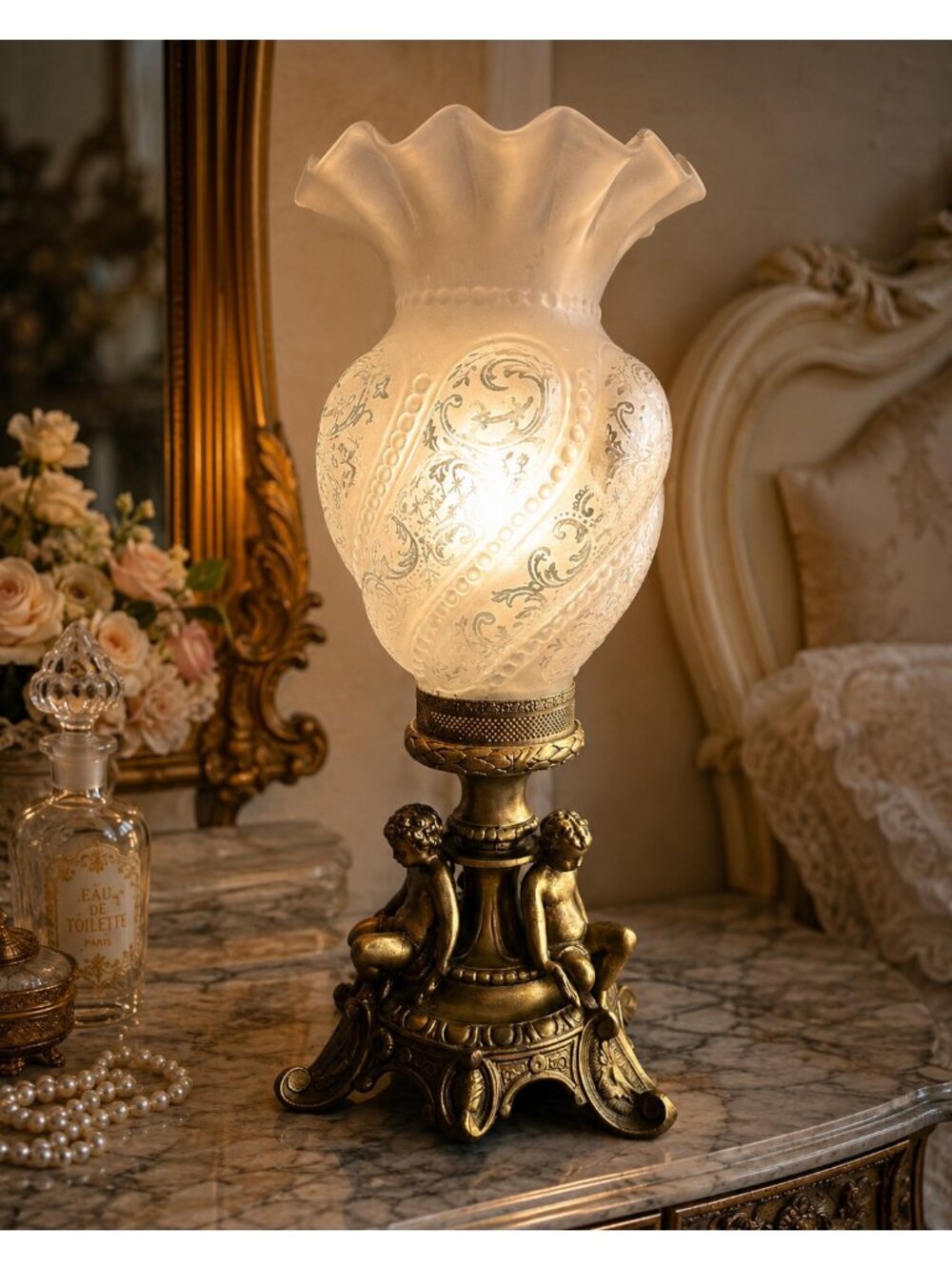 Vintage Rococo Ornate Brass Putti Base Cherub Frosted Etched Glass Table Lamp